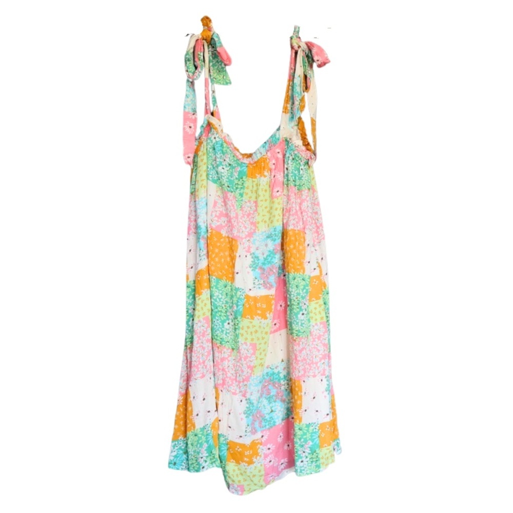 In February Floral Patchwork Smocked Mini Dress Tie Strap NWT M